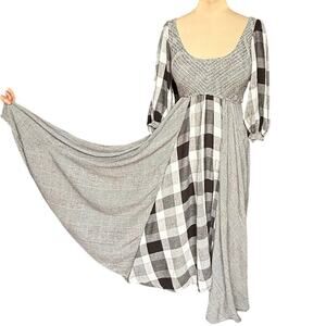 FREE PEOPLE Old Friends Plaid Smocked Puff Sleeve Maxi Dress sz S